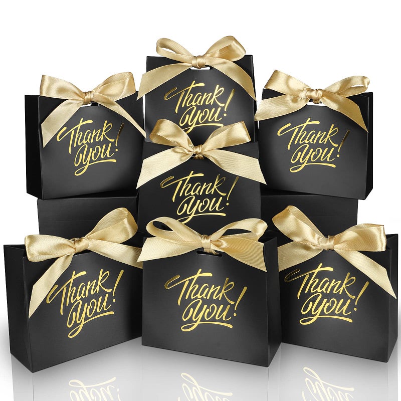 DOYIDE Small Thank You Gift Bags - 60 Pack Mini Candy Treat Bags for Birthday, Wedding, Party & Holidays - 4.5x1.8x3.9in Boxes with Gold Foil Printed Bow Ribbon - Image 1