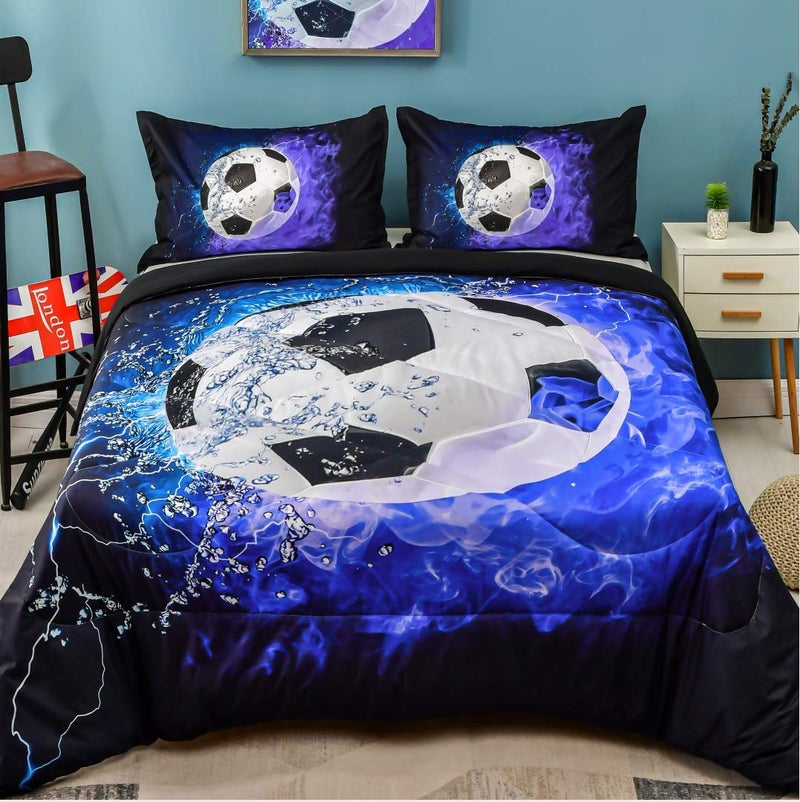Andency Soccer Comforter Twin(66x90 Inch)  2 Pieces(1 Soccer Comforter  1 Pillowcase) Blue Flame Soccer Comforter Set Sport Microfiber Bedding Set for Boy Girl Kids  Teen - Image 1