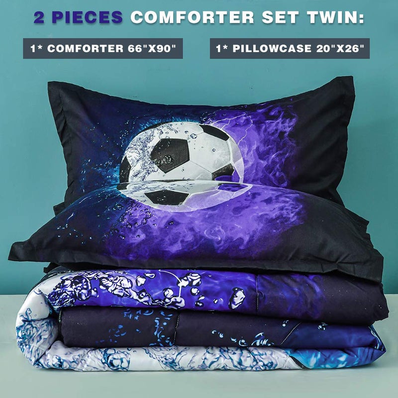 Andency Soccer Comforter Twin(66x90 Inch)  2 Pieces(1 Soccer Comforter  1 Pillowcase) Blue Flame Soccer Comforter Set Sport Microfiber Bedding Set for Boy Girl Kids  Teen - Image 2