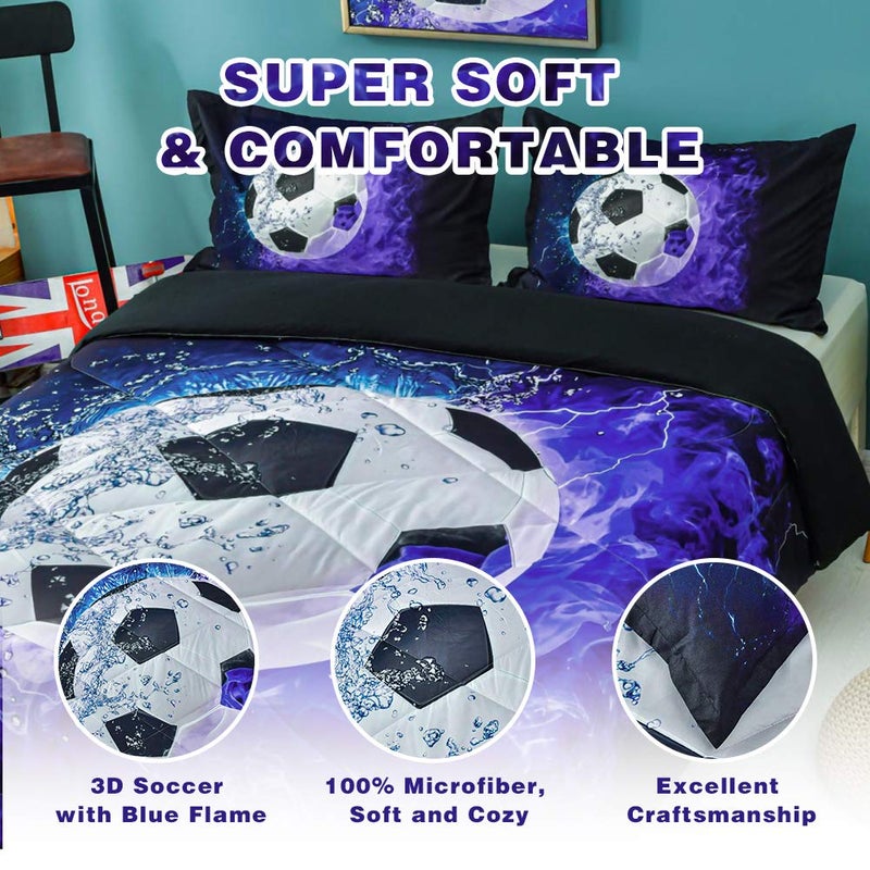Andency Soccer Comforter Twin(66x90 Inch)  2 Pieces(1 Soccer Comforter  1 Pillowcase) Blue Flame Soccer Comforter Set Sport Microfiber Bedding Set for Boy Girl Kids  Teen - Image 3