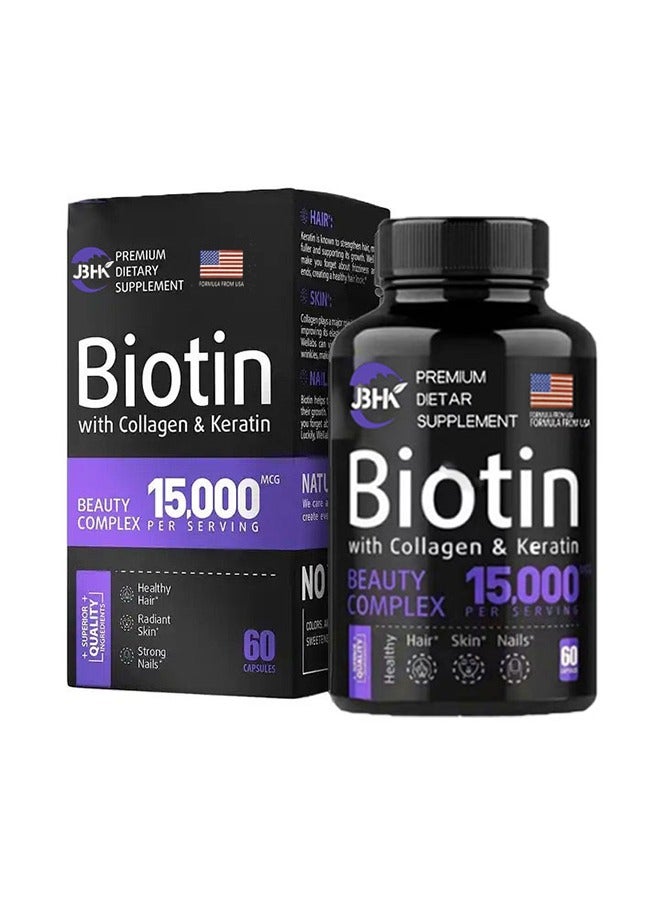 Sthxyfaith Biotin | Collagen | Keratin - Clinically Tested Supplement - Hair Growth Support - Skin & Nails Complex 15000 mcg - Hyaluronic Acid | B2 | B3 | B6 | B7 - For Women & Men | 60 Capsules