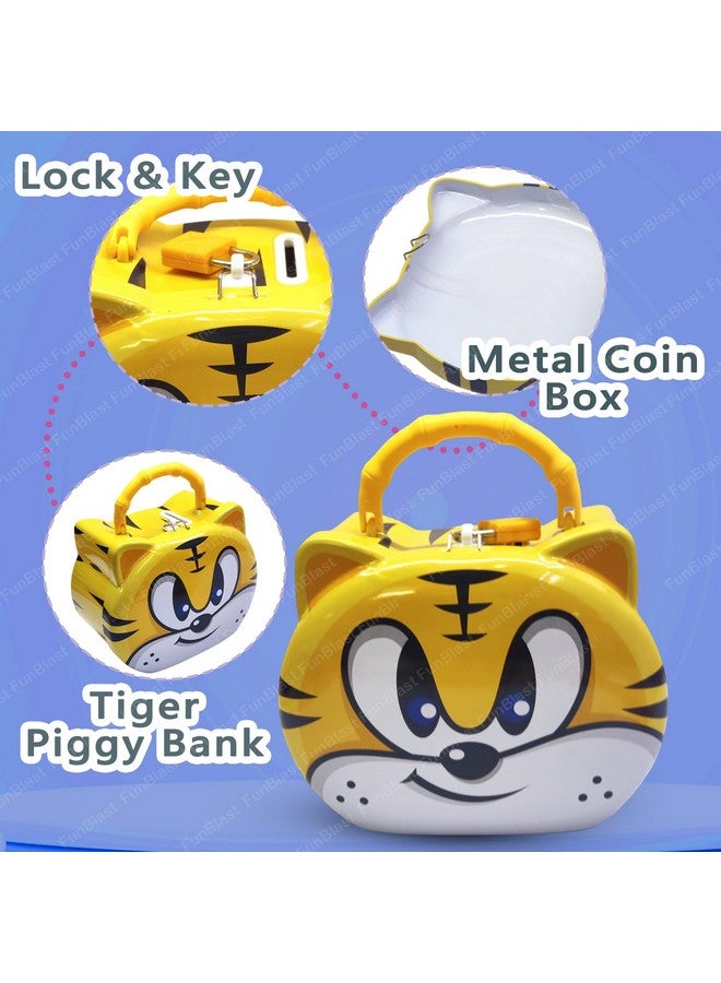 فنبلاست صندوق عملات نمر من فن بلاست للأطفال - حصالة نقود بتصميم كرتوني لطيف مع قفل ومفتاح، حصالة نقود معدنية لتوفير المال، جولاك للأطفال، هدايا عيد ميلاد للأطفال (أصفر) - Image 4