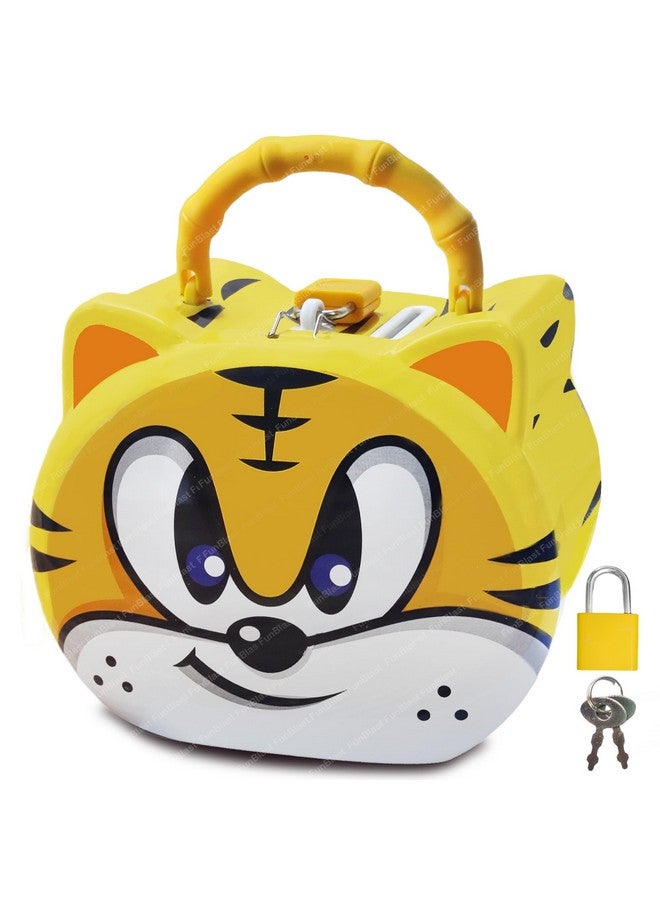 فنبلاست صندوق عملات نمر من فن بلاست للأطفال - حصالة نقود بتصميم كرتوني لطيف مع قفل ومفتاح، حصالة نقود معدنية لتوفير المال، جولاك للأطفال، هدايا عيد ميلاد للأطفال (أصفر) - Image 1