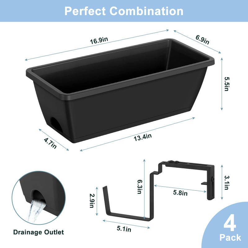 smusei 4 Pack Window Boxes Planters 17â€™â€™ Railing Planter Box with Adjustable Brackets, Deck Railing Hanging Flower Pots Rectangular Herb Planter for Outdoor Fence Garden, Balcony Decor - Image 4