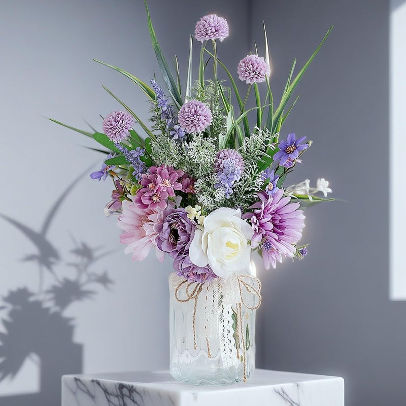 LUEUR Artificial Faux Flowers in Vase-Fake Purple Transvaal Daisy and Dandelion Flowers with Vase for Spring Decor Arrangement Decor Home Coffee Table Decor Dining Room - Image 2