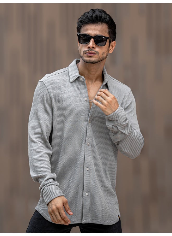 Maniac Mens Solid Vertical Stripe Textured Full Sleeve Light Grey PolyCotton Shirt  - Image 4