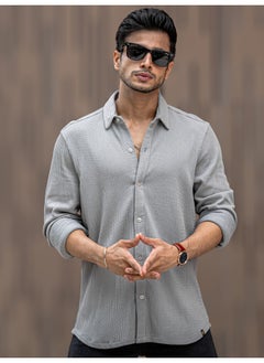Maniac Mens Solid Vertical Stripe Textured Full Sleeve Light Grey PolyCotton Shirt  - Image 1