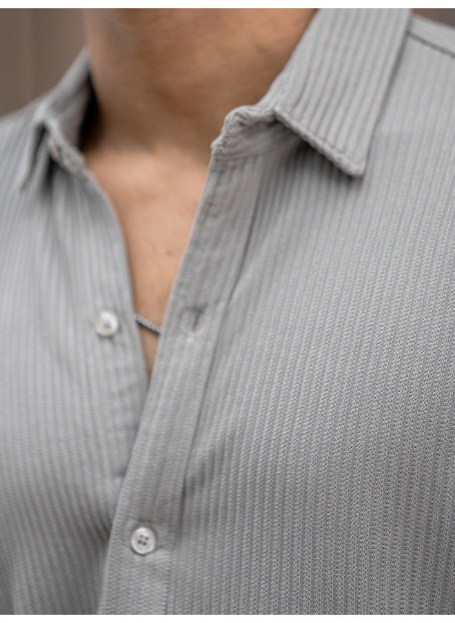 Maniac Mens Solid Vertical Stripe Textured Full Sleeve Light Grey PolyCotton Shirt  - Image 5