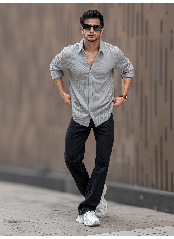 Maniac - Mens Solid Vertical Stripe Textured Full Sleeve Light Grey PolyCotton Shirt - Image 1