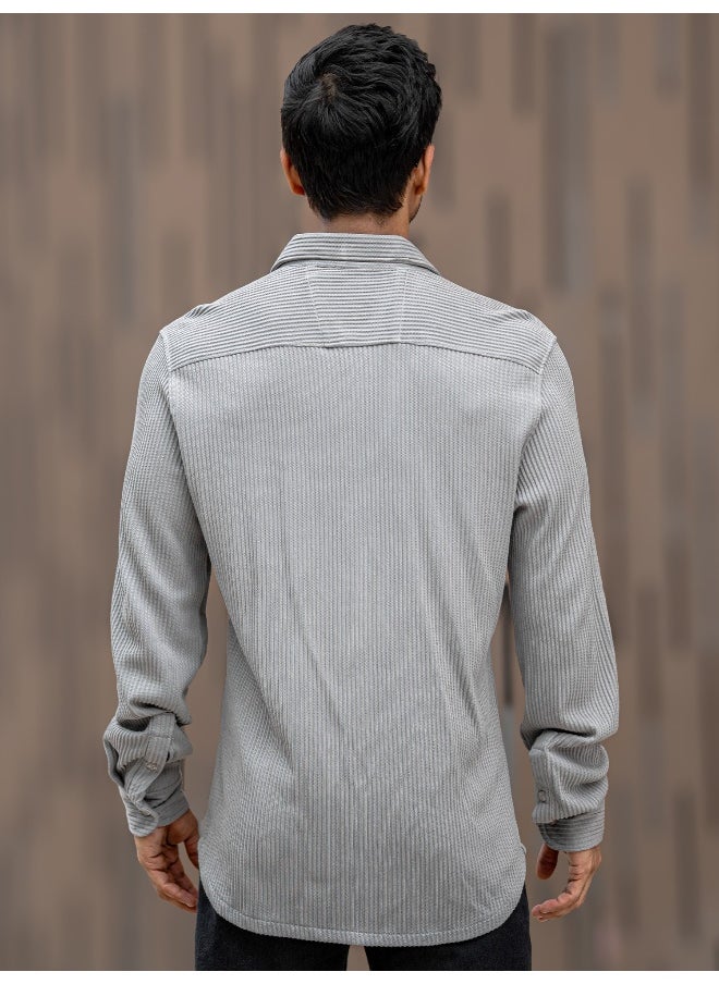 Maniac Mens Solid Vertical Stripe Textured Full Sleeve Light Grey PolyCotton Shirt  - Image 3