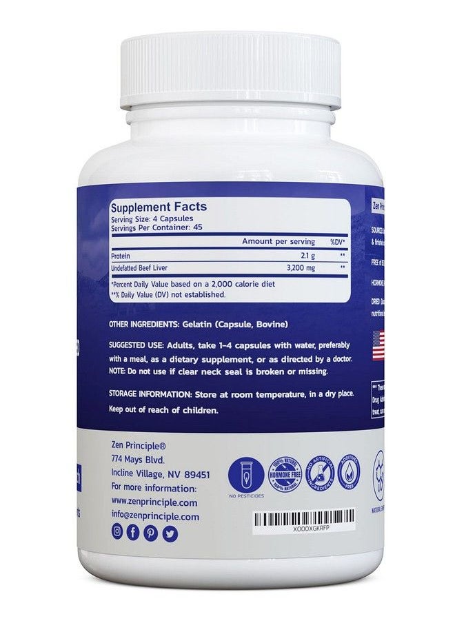 Zen Principle - 2 Pack 360 Capsules (180 Capsules Per Bottle) Beef Liver Supplement Grass Fed Pasture Raised Cows. Desiccated Liver Supplement No Hormones Or Gmo. Natural Energy From Iron Protein Vitamins. - Image 1