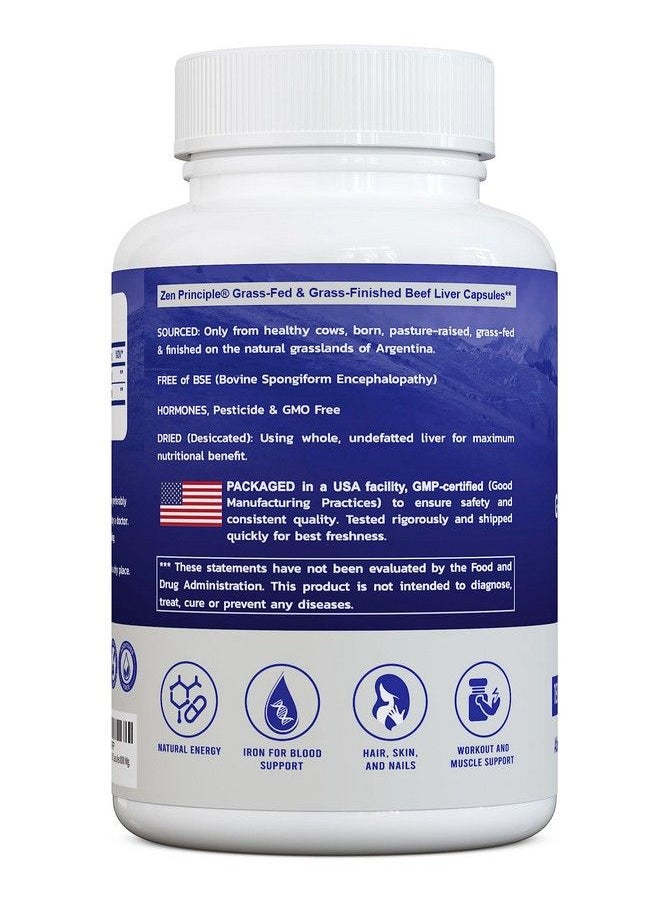 Zen Principle - 2 Pack 360 Capsules (180 Capsules Per Bottle) Beef Liver Supplement Grass Fed Pasture Raised Cows. Desiccated Liver Supplement No Hormones Or Gmo. Natural Energy From Iron Protein Vitamins. - Image 1