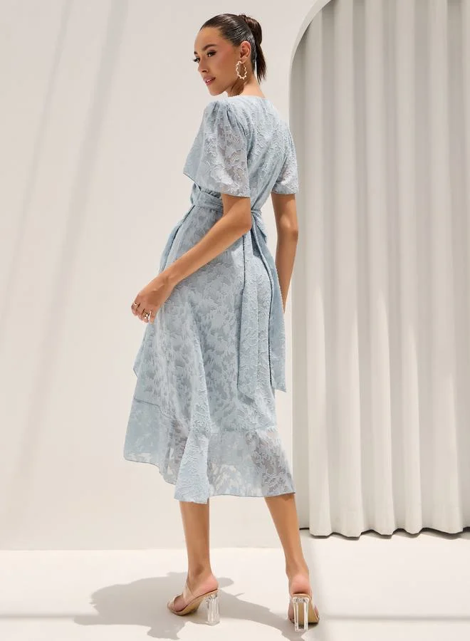Styli Jacquard Floral Wrap Midi Dress