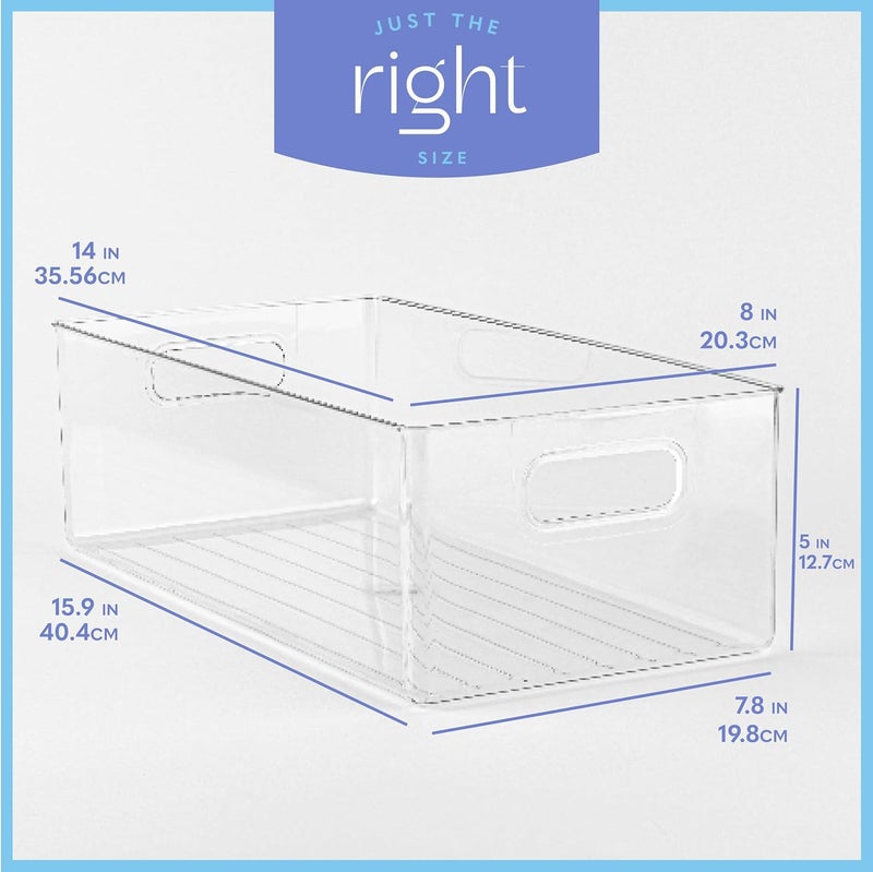 PrimeBox Plastic Food Storage 2 Pack Clear Container Bin with Handles for Organizing Kitchen, Pantry, Refrigerator, Freezer, Pantry, Cabinet, Closet, Bathroom. 14”x8”x5” - Image 3