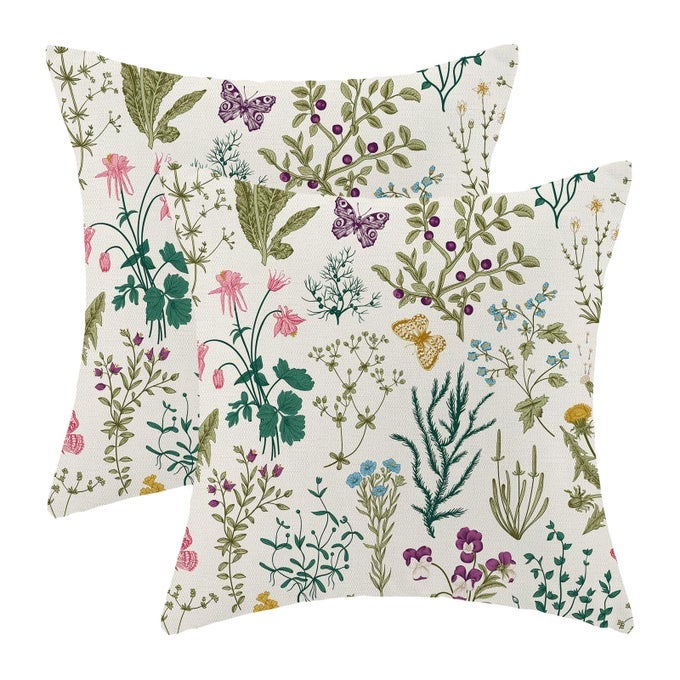Spring Pillow Covers 16x16 Inch Set of 2Sage Green Teal Wild Flower Plant Throw Pillows CaseSeasonal Floral Outdoor Decorative Linen Farmhouse Decor Cushion Covers for Home Sofa Bed Couch