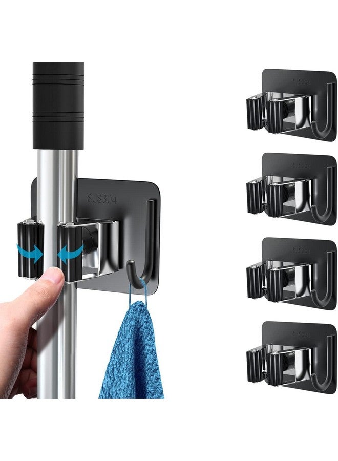 CANWAY® 4 Pieces Stainless Steel 1 Rack with 1 Hook Heavy Duty Broom and Mop Stick Holder for Home, Kitchen, Garden, Laundry & Garage (Black) - Image 1