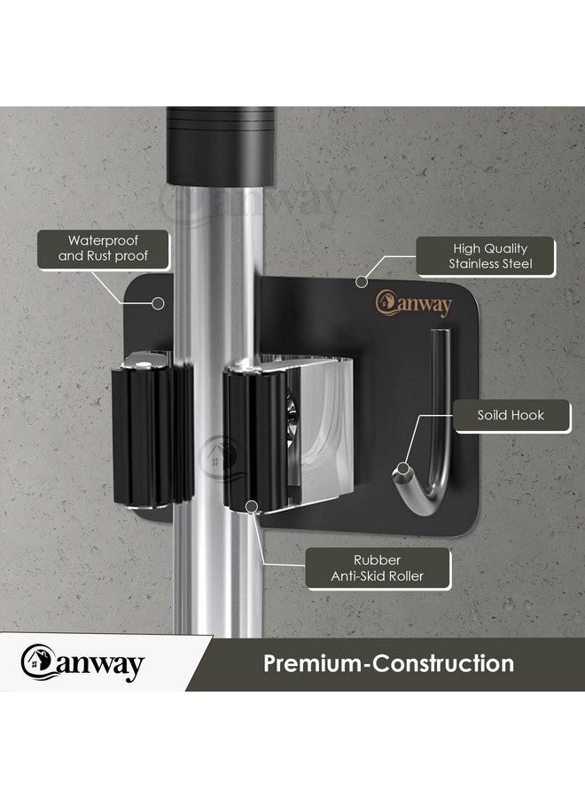 CANWAY® 4 Pieces Stainless Steel 1 Rack with 1 Hook Heavy Duty Broom and Mop Stick Holder for Home, Kitchen, Garden, Laundry & Garage (Black) - Image 3