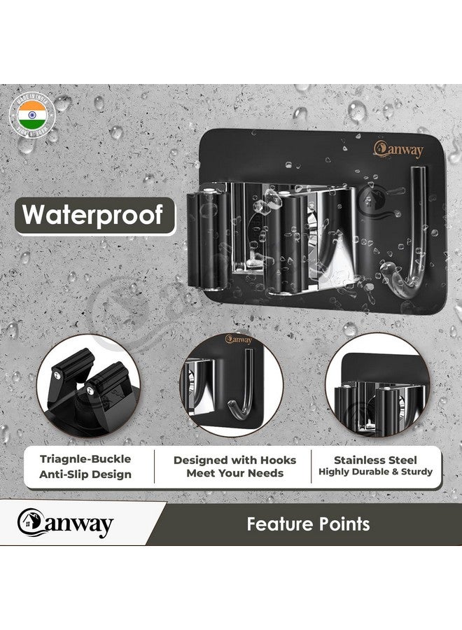 CANWAY® 4 Pieces Stainless Steel 1 Rack with 1 Hook Heavy Duty Broom and Mop Stick Holder for Home, Kitchen, Garden, Laundry & Garage (Black) - Image 4