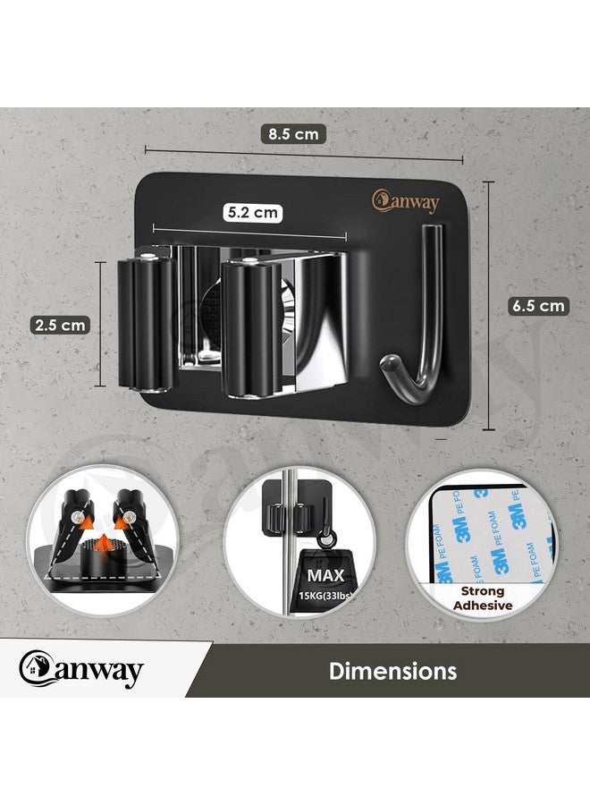 CANWAY® 4 Pieces Stainless Steel 1 Rack with 1 Hook Heavy Duty Broom and Mop Stick Holder for Home, Kitchen, Garden, Laundry & Garage (Black) - Image 2