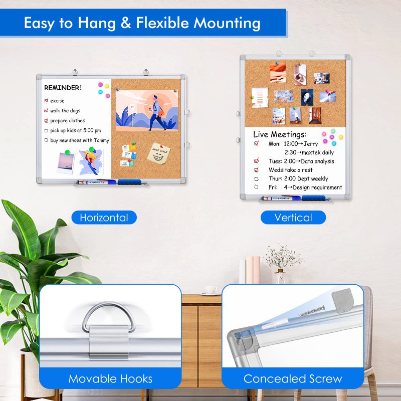 Tripollo لوحة بيضاء مغناطيسية ولوحة كورك مدمجة، 24 × 18 بوصة، لوحة إعلانات مدمجة، لوحة بيضاء قابلة للمسح الجاف مثبتة على الحائط، لوحة رؤية دبابيس للمنازل والمدارس والمكاتب - Image 4