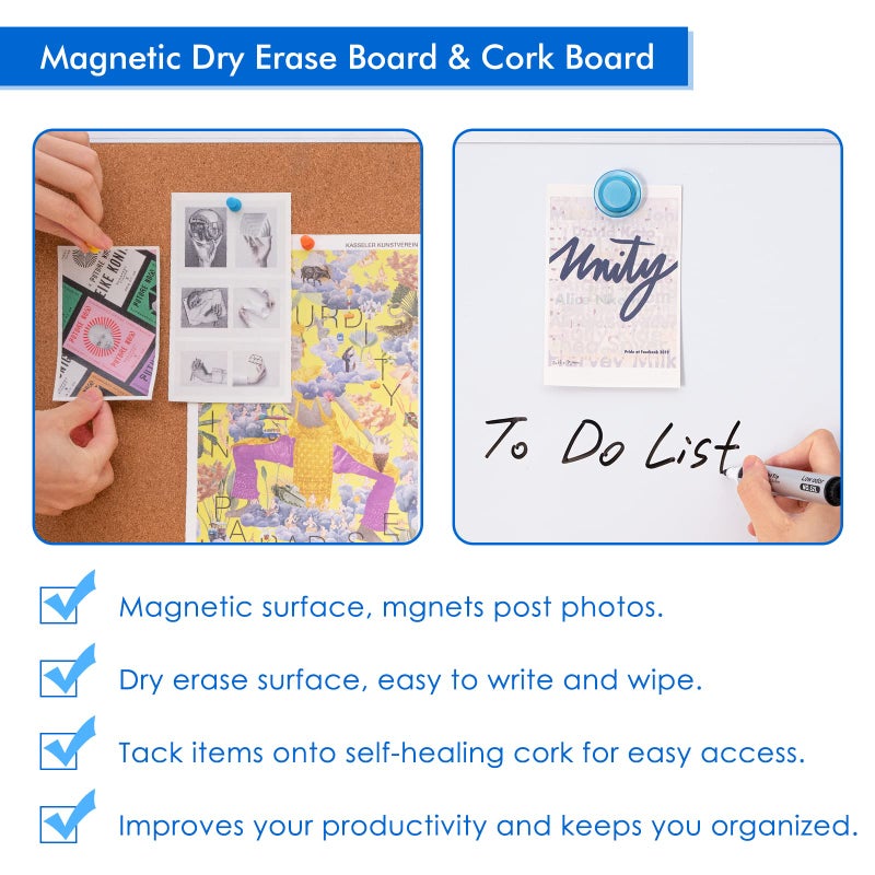 Tripollo لوحة بيضاء مغناطيسية ولوحة كورك مدمجة، 24 × 18 بوصة، لوحة إعلانات مدمجة، لوحة بيضاء قابلة للمسح الجاف مثبتة على الحائط، لوحة رؤية دبابيس للمنازل والمدارس والمكاتب - Image 3