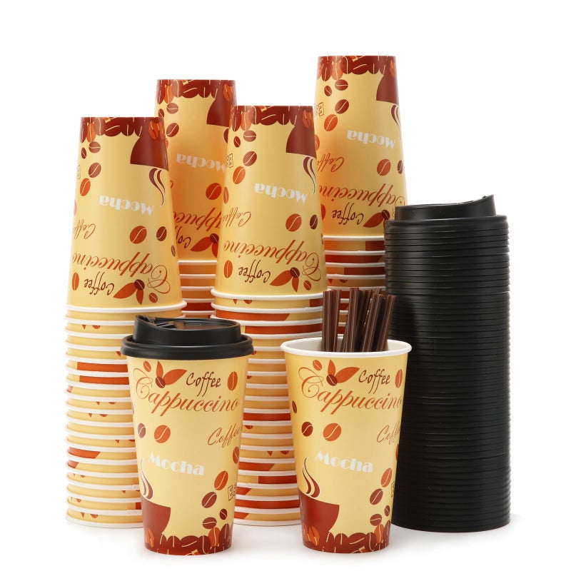 Tamone TACC 100 PACK 16OZ Thanksgiving Cups Disposable Coffee Cups with Lids and Stirrers  To Go Coffee Cups with Lids Leak Proof  Coffee Design Brown Paper Cups for Cold/Hot Beverage Chocolate Cocoa - Image 1