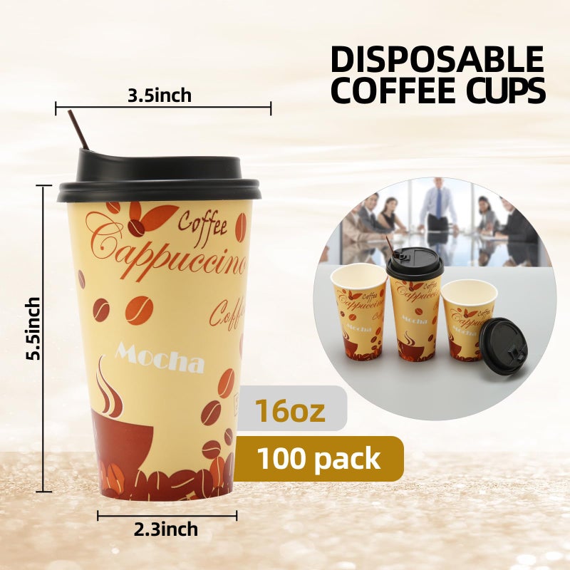 Tamone TACC 100 PACK 16OZ Thanksgiving Cups Disposable Coffee Cups with Lids and Stirrers  To Go Coffee Cups with Lids Leak Proof  Coffee Design Brown Paper Cups for Cold/Hot Beverage Chocolate Cocoa - Image 2