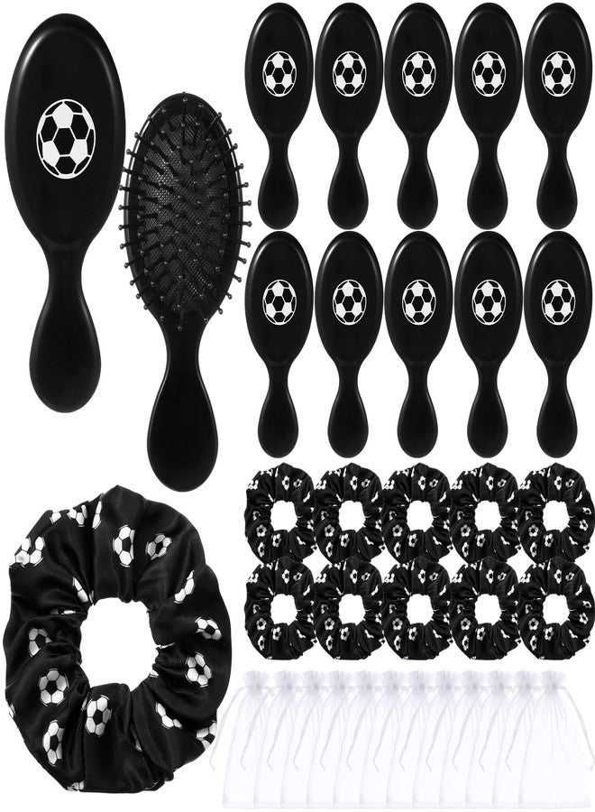 FineCheer 12 Sets Soccer Hair Ties and Hairbrushes Soccer Hair Scrunchie Mini Detangler Brush Sports Elastic Ponytail Holders Sports Party Favors Gift for Gymnasts Teams Women Girls - Image 1