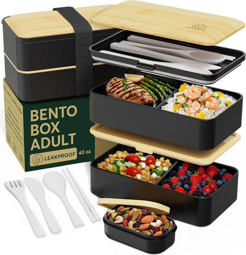 Umami Bento Box Adult AllIn1 w4 Utensils Big Sauce Jars 2 Dividers 100 Leakproof Microwave  Dishwasher Safe Stackable Bento Lunch Box Containers for MenWomen Black  Bamboo 40 oz