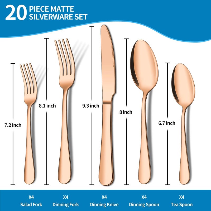 ENLOY 20 Piece Matte Copper Silverware Set ENLOY Rose Gold Stainless Steel Flatware Cutlery Set for 4 Kitchen Utensil Set Service for 4 Include Knife Fork Spoon Mirror Polished Dishwasher Safe - Image 2