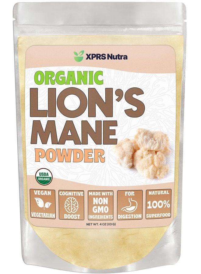 XPRS Nutra Organic Lion's Mane Powder - Premium Lions Mane Powder for Mental Clarity, Cognition and Immunity - Vegan Friendly Lions Mane Mushroom (4 oz) - Image 1