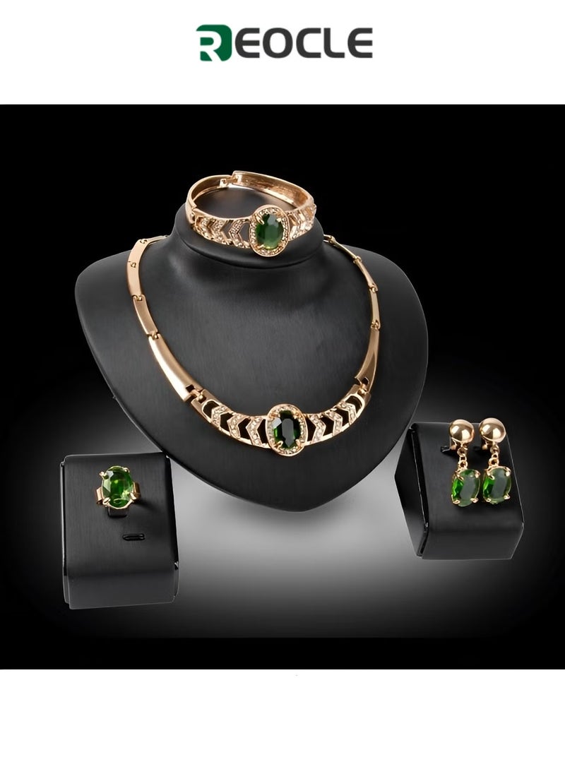 REOCLE Women's 4pcs Emerald Jewelry Set Necklace & Earrings & Bracelet & Ring Gift Set Enchanting Sleek Crafted Rhinestone Crystal for Ladies to Match Dress  - Image 1