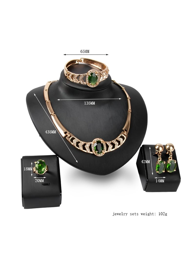 REOCLE Women's 4pcs Emerald Jewelry Set Necklace & Earrings & Bracelet & Ring Gift Set Enchanting Sleek Crafted Rhinestone Crystal for Ladies to Match Dress  - Image 2