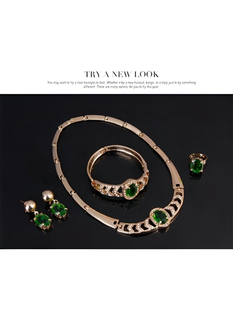 REOCLE Women's 4pcs Emerald Jewelry Set Necklace & Earrings & Bracelet & Ring Gift Set Enchanting Sleek Crafted Rhinestone Crystal for Ladies to Match Dress  - Image 4