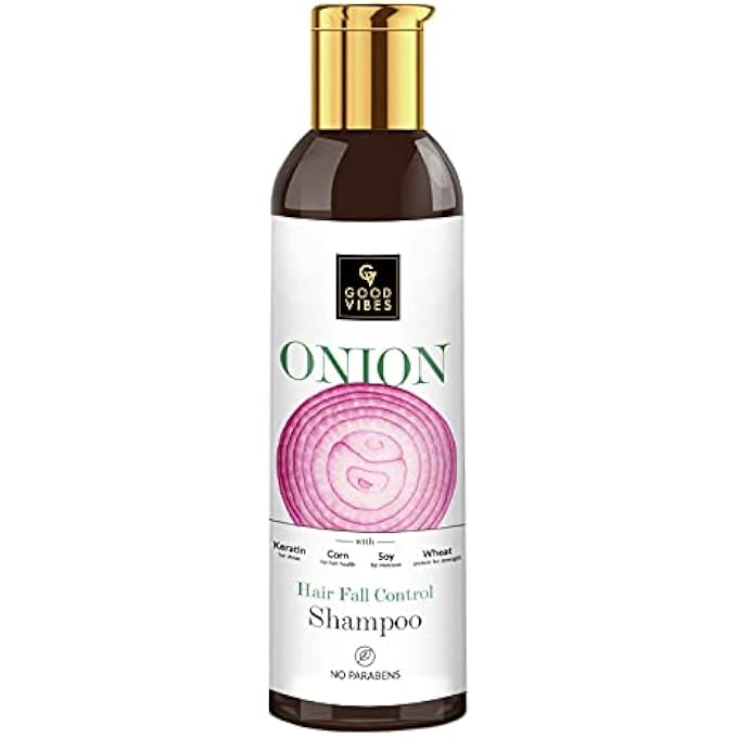 Good Vibes Onion Hairfall Control Shampoo with Keratin for Shine, Corn for Hair Health Wheat Protein for Strength & Soy for Moisture (200 ml)