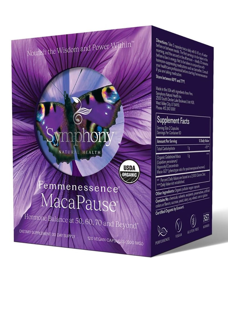 سيمفوني Femmenessence MacaPause - جميع مكملات جذور الماكا - تدعم توازن الهرمونات لدى النساء وأعراض انقطاع الطمث - (120 كبسولة نباتية - كمية تكفي لمدة 30 يومًا) - Image 1