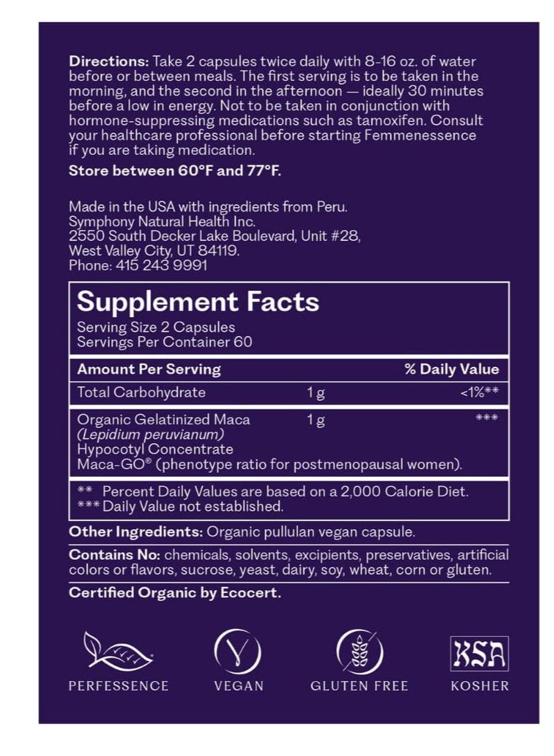 سيمفوني Femmenessence MacaPause - جميع مكملات جذور الماكا - تدعم توازن الهرمونات لدى النساء وأعراض انقطاع الطمث - (120 كبسولة نباتية - كمية تكفي لمدة 30 يومًا) - Image 3