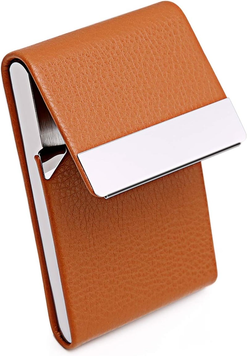 DMFLY Business Card Holder, Metal Business Card Case Pocket, Card Holder for Women & Men, Professional PU Leather Business Card Holders RFID Blocking Name Card Holder Case with Magnetic Closure, Apricot - Image 5