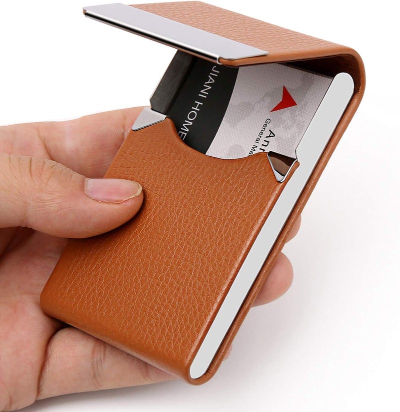 DMFLY Business Card Holder, Metal Business Card Case Pocket, Card Holder for Women & Men, Professional PU Leather Business Card Holders RFID Blocking Name Card Holder Case with Magnetic Closure, Apricot - Image 1