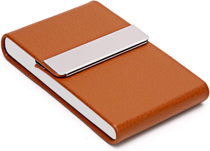 DMFLY Business Card Holder, Metal Business Card Case Pocket, Card Holder for Women & Men, Professional PU Leather Business Card Holders RFID Blocking Name Card Holder Case with Magnetic Closure, Apricot - Image 3