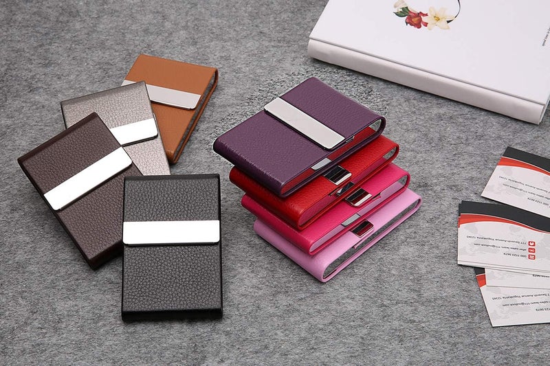 DMFLY Business Card Holder, Metal Business Card Case Pocket, Card Holder for Women & Men, Professional PU Leather Business Card Holders RFID Blocking Name Card Holder Case with Magnetic Closure, Apricot - Image 2