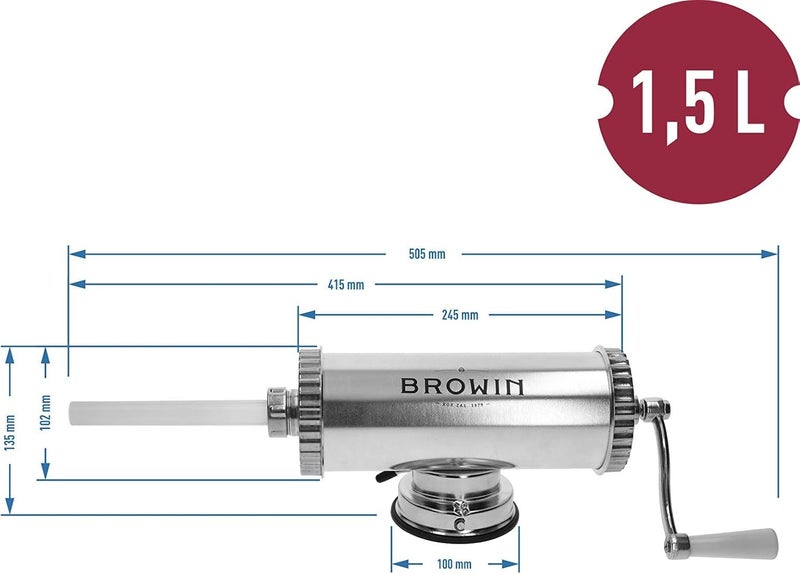 Browin حشوة النقانق اليدوية من ® من الفولاذ المقاوم للصدأ 311009 | آلة نقانق أفقية 1.5 كجم | آلة حشو النقانق للمطبخ والمطاعم | مكبس النقانق | آلة لصنع النقانق المنزلية، سيفابسيسي - Image 3