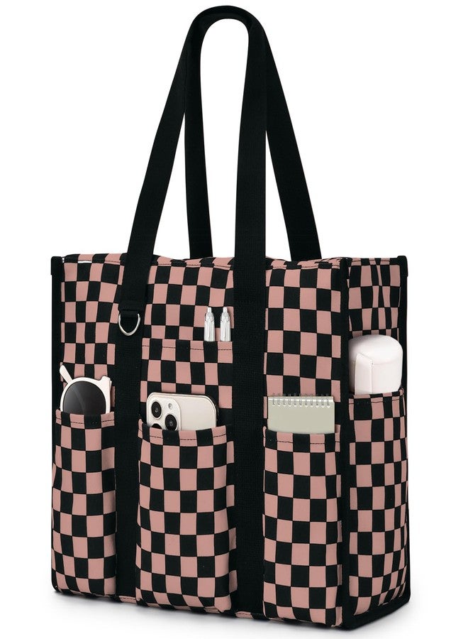 Becokan Large Tote Bag for Women Waterproof with 12 Pockets Top Zipper Closure Utility Teacher Nurse Bags for Work School, Khaki Checkered, Large - Image 1