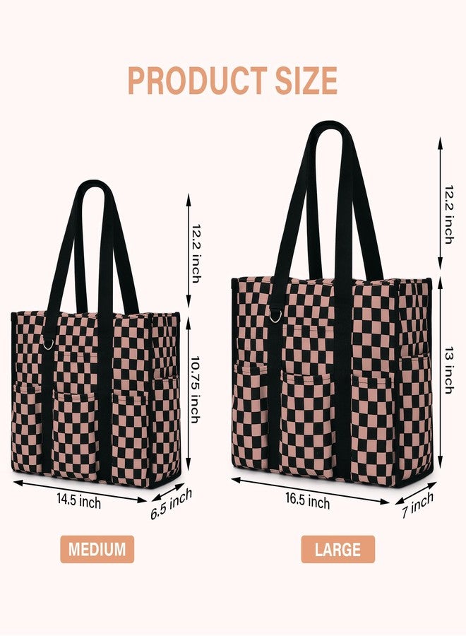 Becokan Large Tote Bag for Women Waterproof with 12 Pockets Top Zipper Closure Utility Teacher Nurse Bags for Work School, Khaki Checkered, Large - Image 5