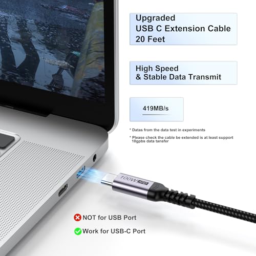 DteeDck USB C Extension Cable 20ft, Upgraded USBC Extender 100W Charging 4K@60Hz Display 5 Gbps Data Transfer Male to Female Braided Cord for Laptop Tablet Mobile Phone and More Type C Device - Image 3