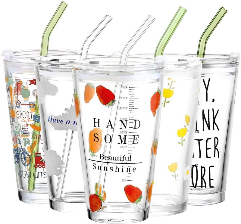 KriVat Random Cartoon Pattern Multipurpose Measuring Mug/Cup with Silicone Straw and Glass Lid Milk Tea Coffee Juice Thick Shake Cup & Mug 450ml (Set of 2) - Image 5