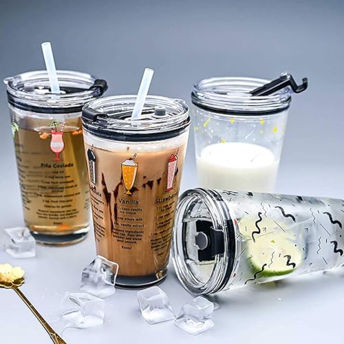 KriVat Random Cartoon Pattern Multipurpose Measuring Mug/Cup with Silicone Straw and Glass Lid Milk Tea Coffee Juice Thick Shake Cup & Mug 450ml (Set of 2) - Image 4