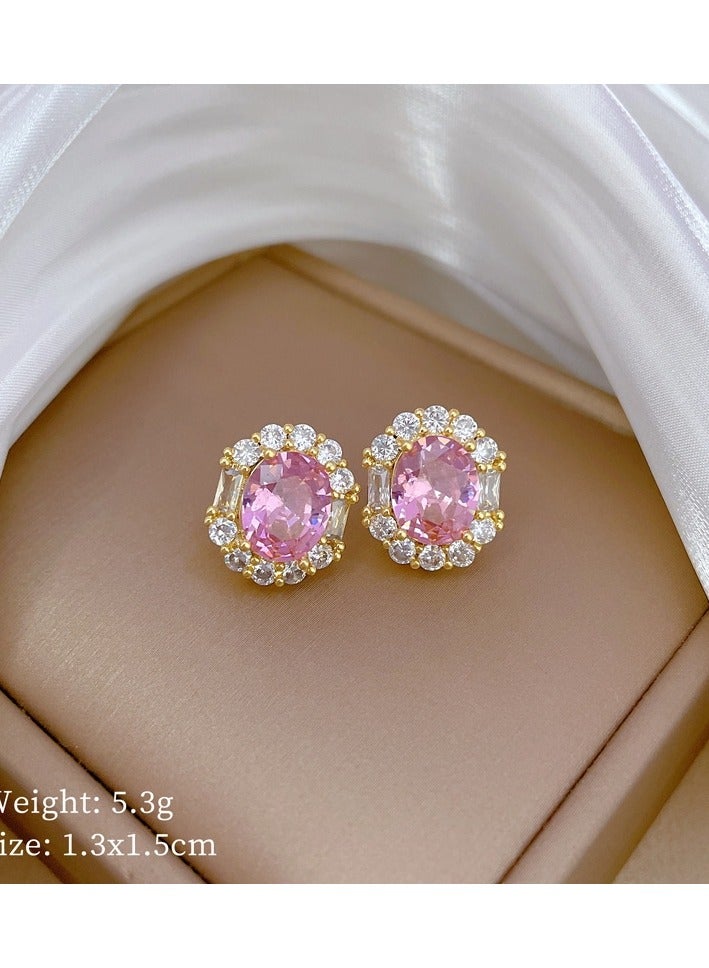 Stud Earrings, Pink Oval Cubic Zirconia Stud Earrings, Gold Plated with Micro-Pave Crystals, Timeless Design for Weddings and Parties, Modern Style, Gift for Lady