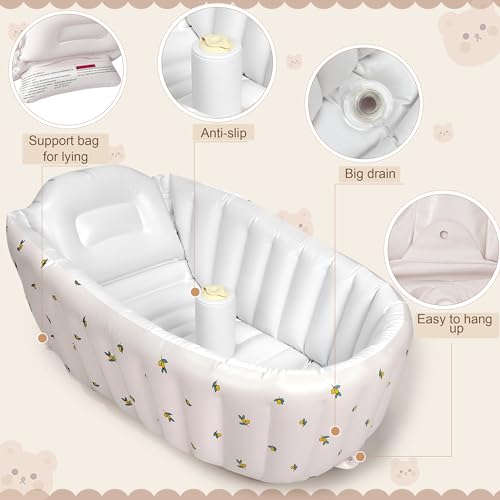 Mink Inflatable Baby Bathtub with Built-in Air Pump, Newborn to Toddler Bath Tub,Portable Travel Shower Basin with Back Support, Deflates and Folds Easily (Olive Bath) - Image 4