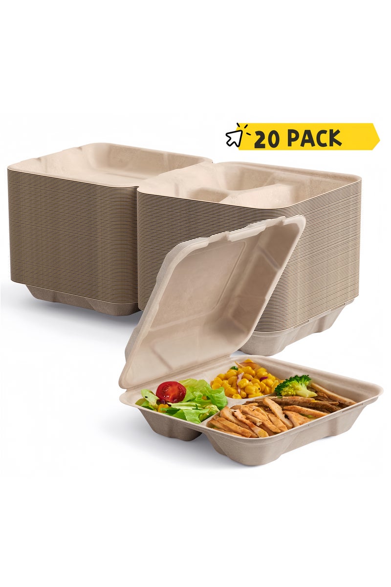 Disposable Paper Food Containers with Lids, 20 Pack 3 Compartment Takeout Boxes, Eco Friendly Food Packaging, 20.32×20.32×5.7cm - Image 1